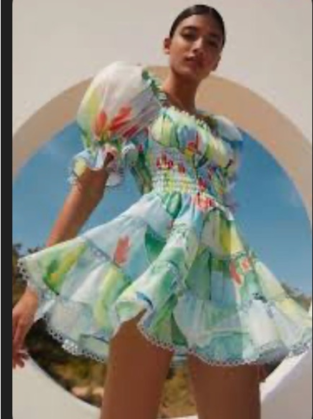 Charo Ruiz Pastel Floral Smocked Puff-Sleeve Mini Dress - Light Blue & Green